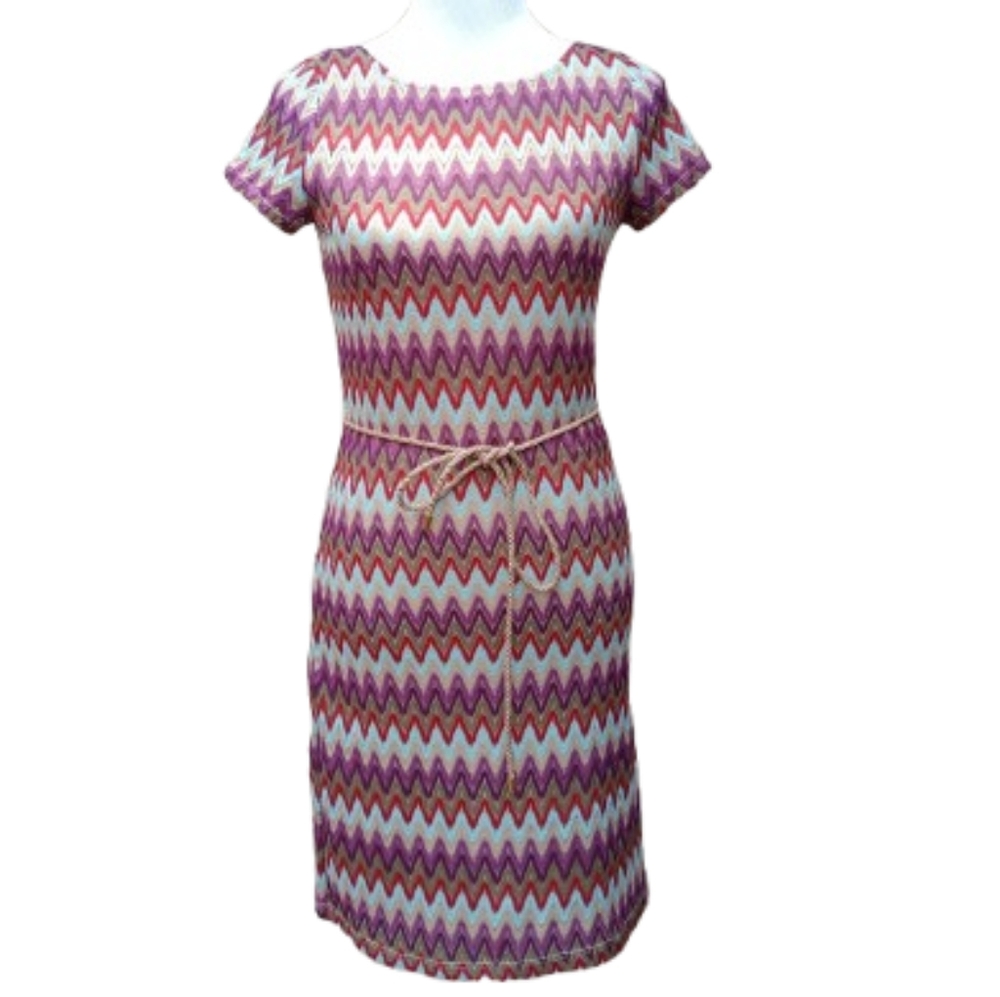 Tacera Knit Chevron Multicolor Dress Short Sleeves Tie Waist Colorful
